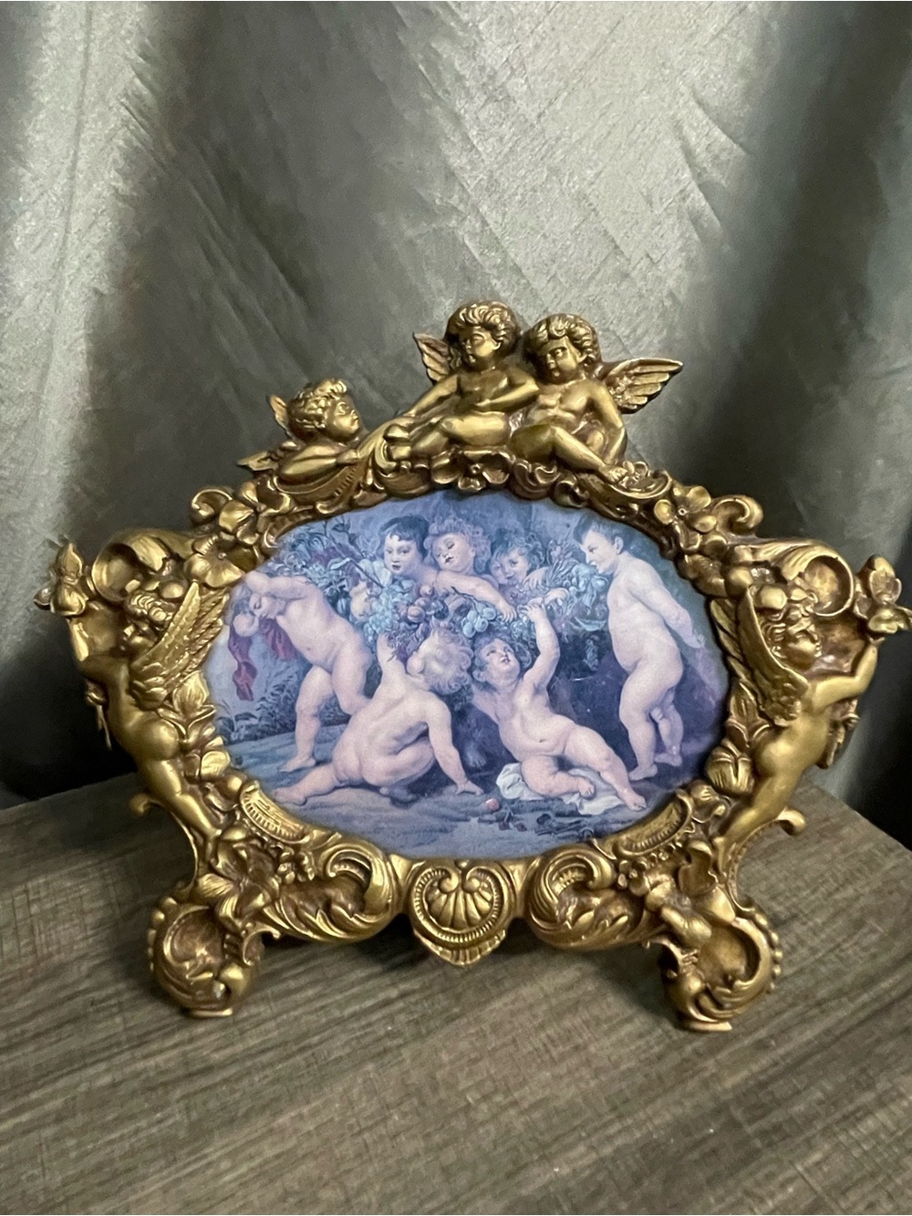 Vintage Victorian Cherub Putti Gold Ornate Picture Frame Plaque Baroque Rococo